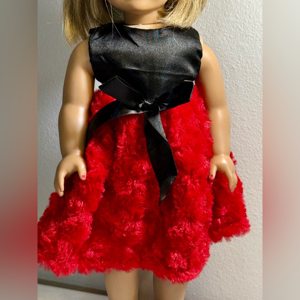Handmade formal black satin red fuzzy dress for 18” doll
Doll not included